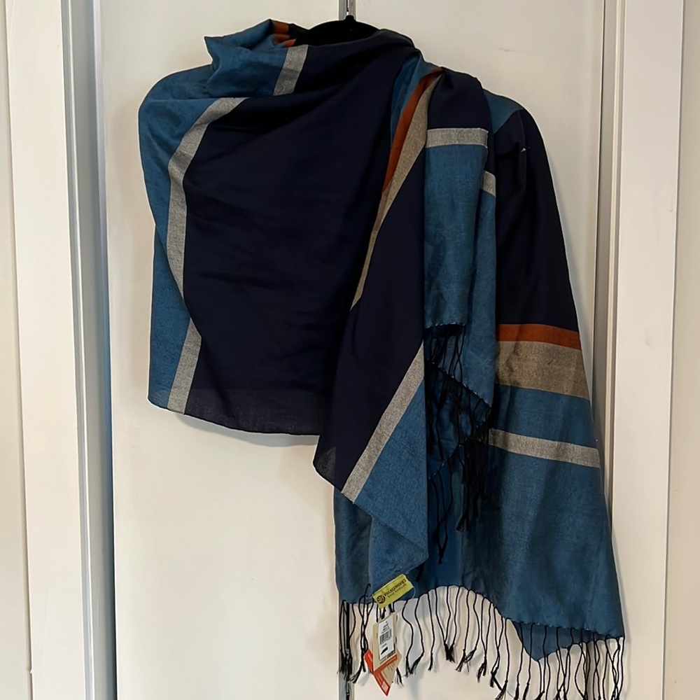 NWT Blue, tan, light blue and orange stripe scarf with tassels